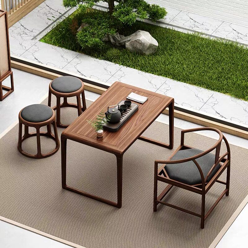 新中式茶桌椅组合黑胡桃木简约实木禅意泡茶台小户型原木阳台茶桌