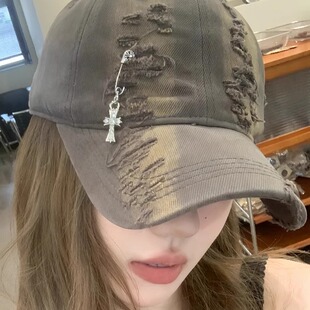 复古做旧破洞美式 百搭帽 街头棒球帽潮牌软顶牛仔鸭舌帽宽帽檐时尚