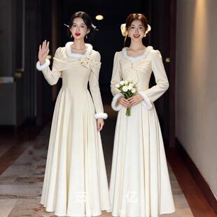 20256款香槟色新中式伴娘服冬装加厚婚礼长袖高级感姐妹团礼服女