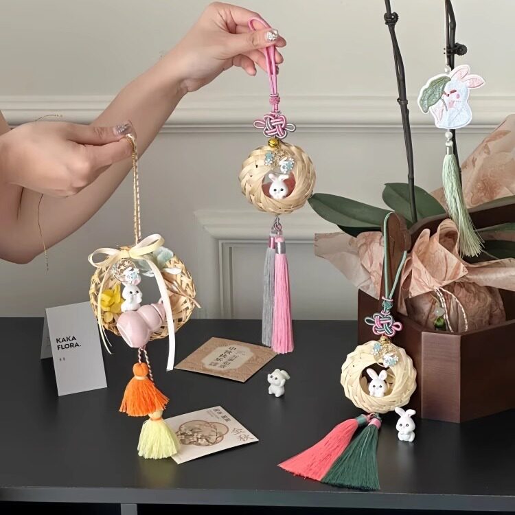 玉兔流苏挂饰竹编挂件手工diy