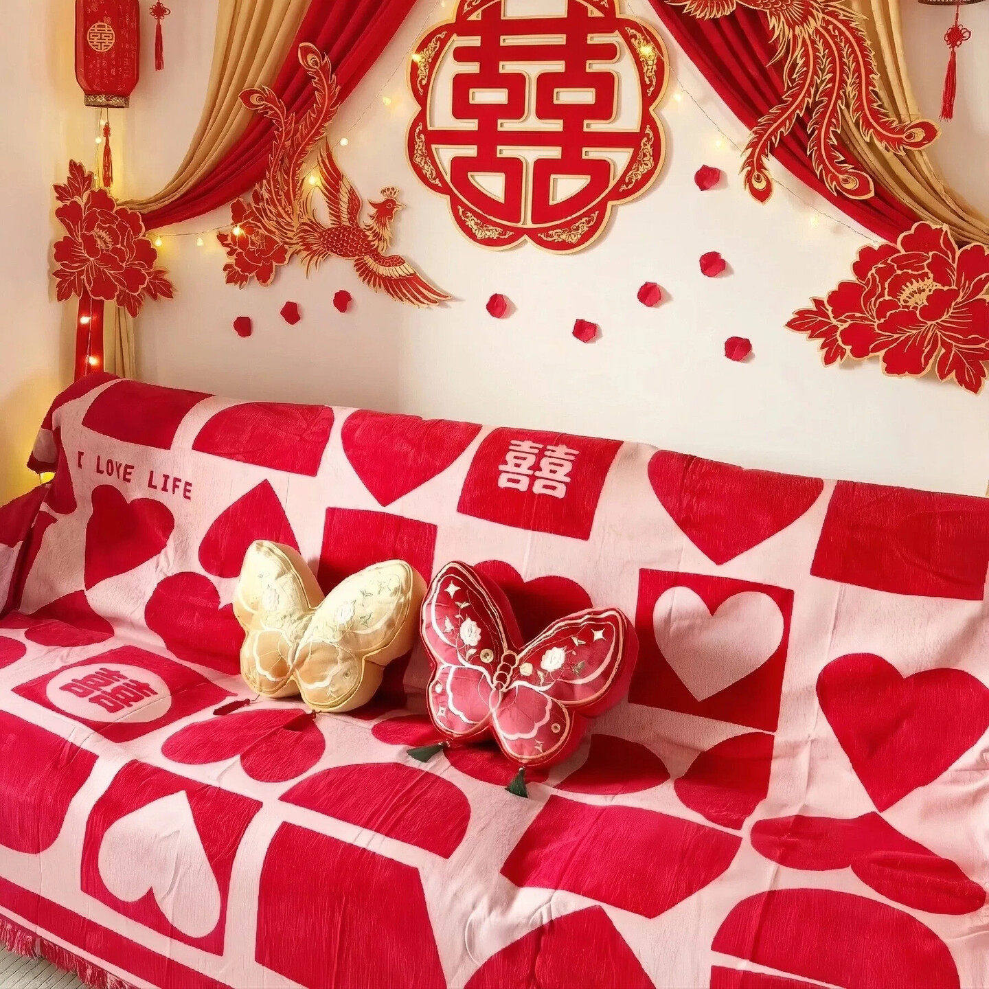 新中式蝴蝶靠枕抱枕一对婚房喜庆布置沙发客厅装饰卧室床头靠垫