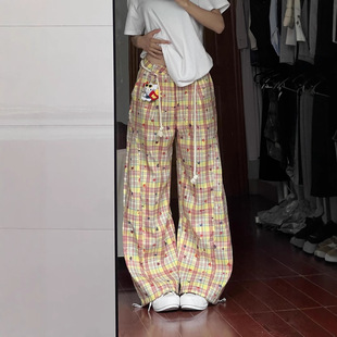 美式多巴胺黄粉色格子裤女夏季薄款垂感小个子宽松阔腿裤拖地长裤