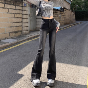 黑灰色微喇牛仔裤女2026年春秋新款直筒修身显瘦小个子喇叭马蹄裤