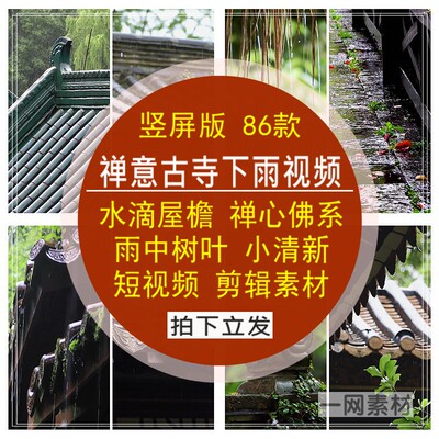 竖屏版禅意古寺下雨天水滴屋檐禅心佛系树叶小清新剪辑短视频素材