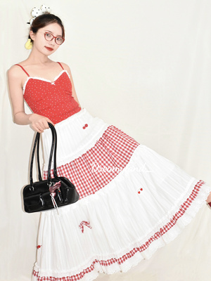 【现货】25春夏红色格子半身裙撞色拼接花边荷叶边显瘦少女长裙