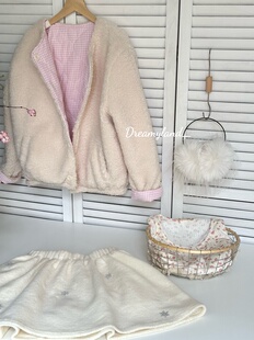 现货2025新款秋冬粉色格子两面穿棉服女宽松加厚保暖棉衣外套