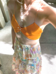 夏日橙色烫钻印花半身裙泰国海岛度假风荷叶边花朵长裙女