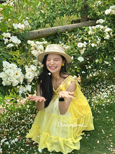 现货少女韩系奶黄色无袖网纱两件套手工蝴蝶串珠连衣裙背心短裙女