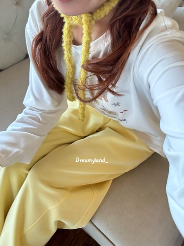 【现货】春季奶黄色小狗纽扣装饰纯色休闲裤女宽松阔腿弯刀裤卫裤