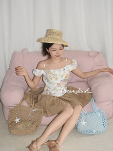 【现货】夏日海星印花一字肩荷叶边露肩上衣短裙度假两件套女