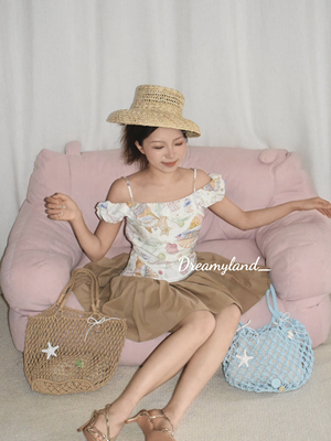 【现货】夏日海星印花一字肩荷叶边露肩上衣短裙度假两件套女