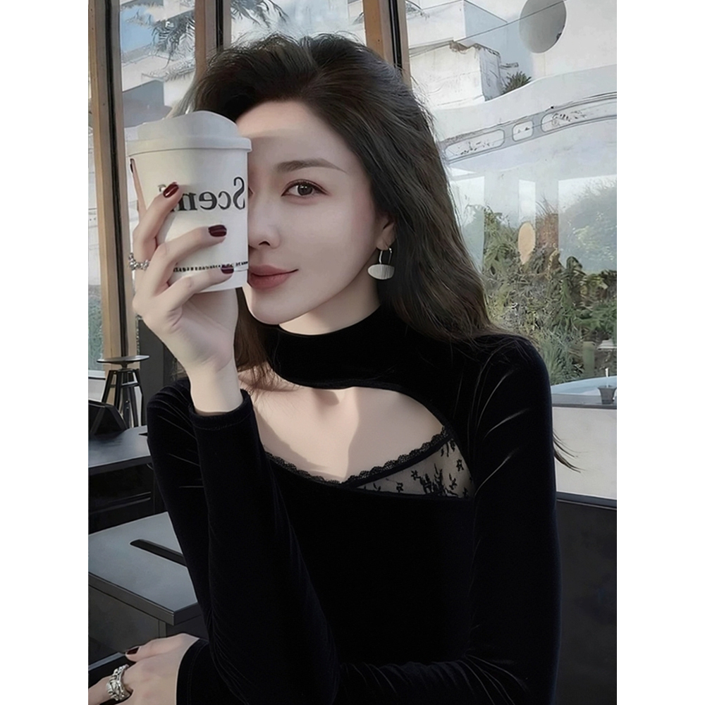 法式蕾丝拼接半高领丝绒打底衫女内搭不规则镂空露肩长袖上衣秋冬,女装/女士精品,T恤,淘宝优惠券,粉丝福利购,淘宝优惠卷