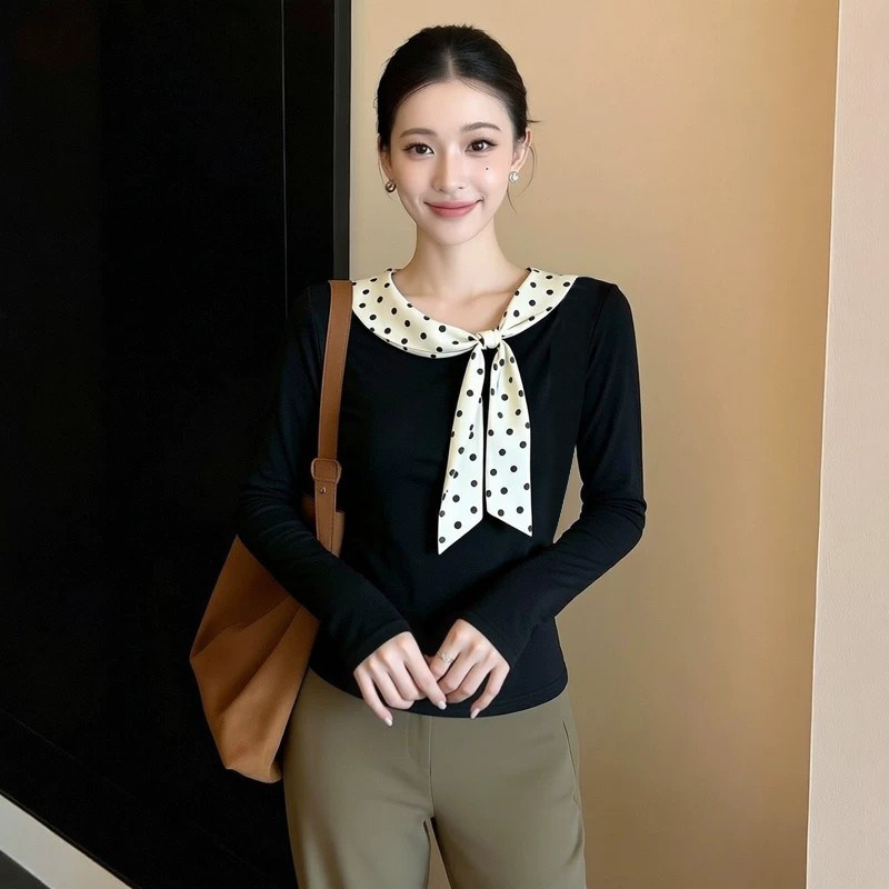 超好看波点蝴蝶结长袖T恤秋季2026新款女装辣妹黑色小衫上衣