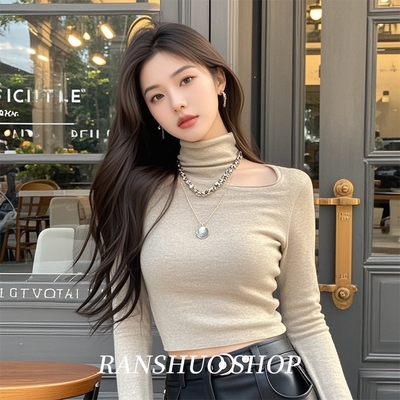 卡其色高领打底衫女内搭秋冬短款镂空独特别致小上衣修身长袖t恤