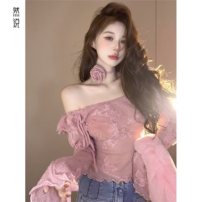 蕾丝重工一字肩针织衫