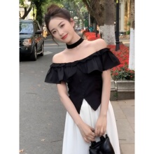法式高级黑色荷叶边一字肩上衣女2025夏季新款雪纺小衫设计感小众
