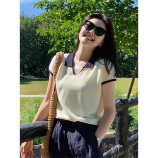 白色针织翻领短袖 高级感休闲百搭显瘦宽松上衣 t恤女2025夏季 新款