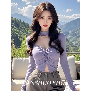 t恤内搭打底衫 露脐长袖 紧身短款 性感辣妹紫色褶皱挂脖上衣女秋季