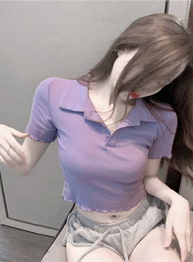 紫色甜辣妹高腰短款设计感小众独特别致上衣polo领短袖t恤女夏季