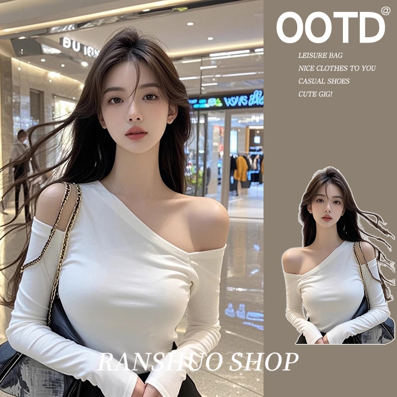 辣妹短款白色斜领露肩上衣女秋冬不规则设计感修身长袖t恤打底衫