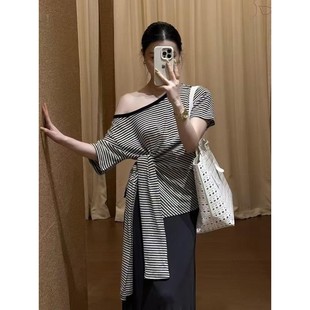 2025新款 t恤女夏 小众极简韩系穿搭时尚 时髦洋气条纹系带斜肩短袖