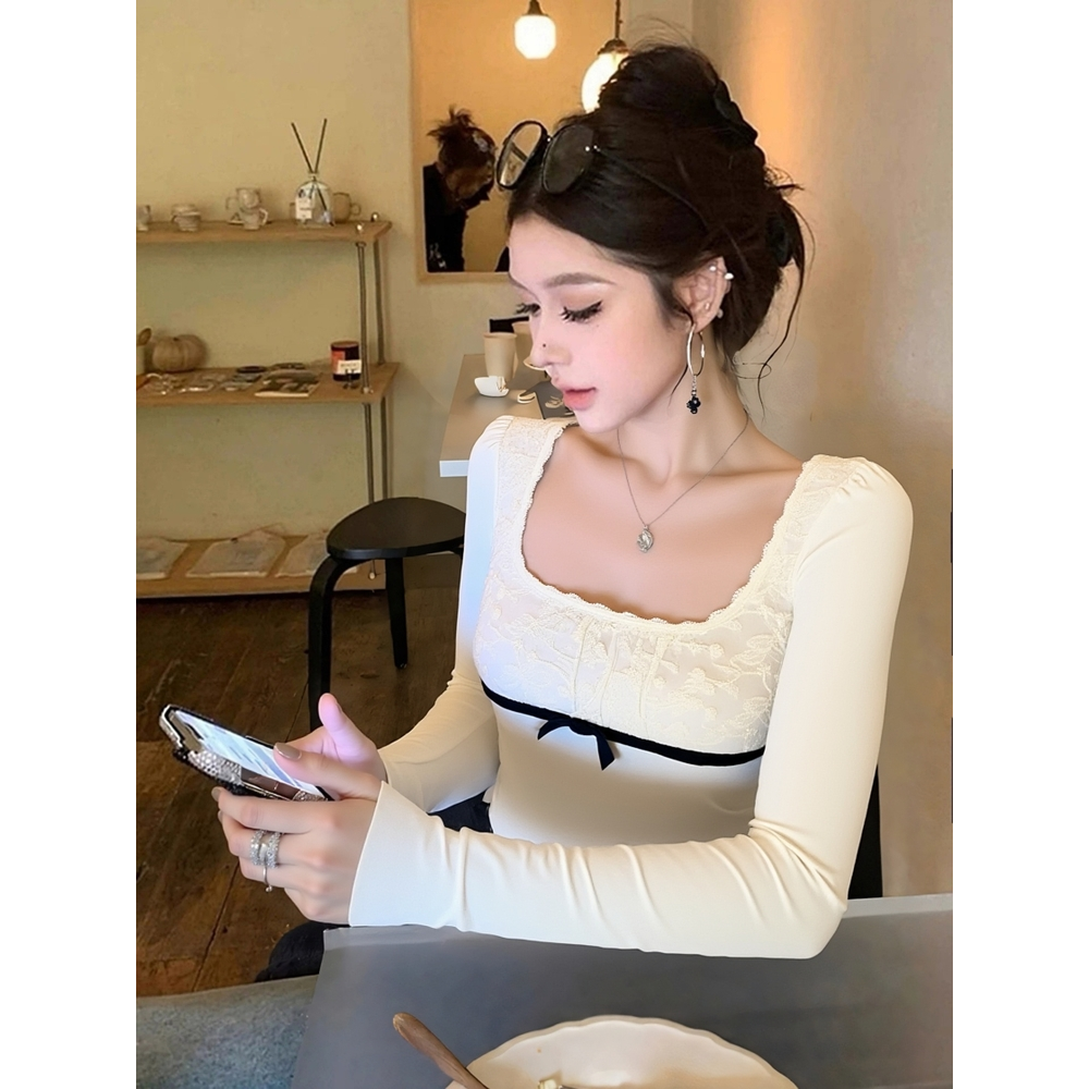 秋冬季纯欲辣妹白色方领上衣