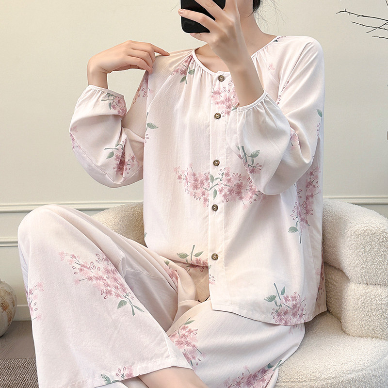 棉绸睡衣女春秋长袖开衫家居服图片