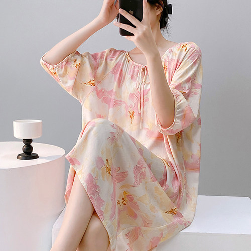短袖绵绸睡裙女夏薄款大码连衣裙