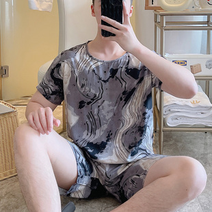 睡衣男短袖短裤绵绸中年时尚薄款棉绸休闲可外穿人造棉家居服套装