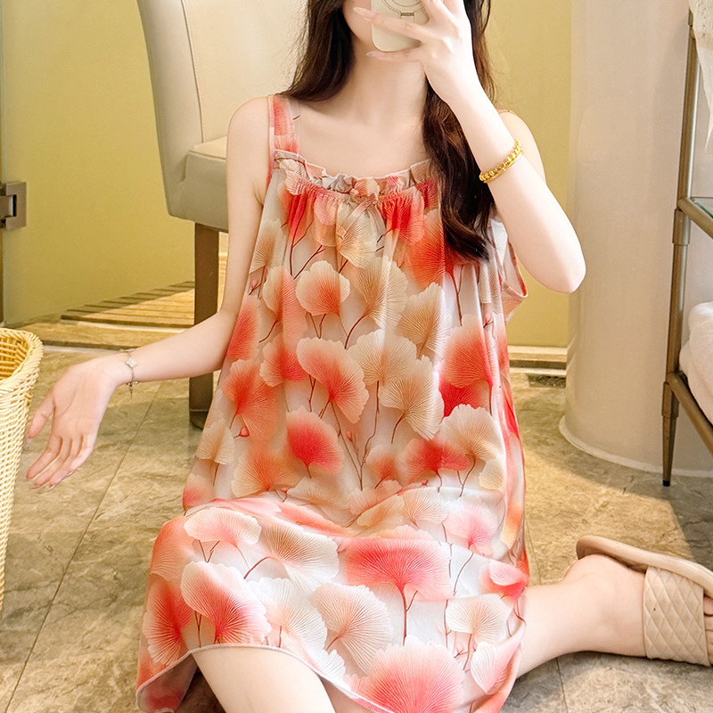 人造棉印花吊带睡裙女夏季新款棉绸中裙家居服可外穿绵绸裙连衣裙