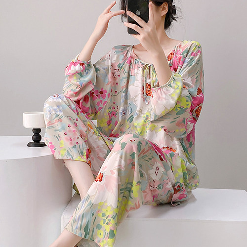 棉绸睡衣女士春秋夏长袖长裤绵绸