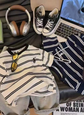 夏季儿童纯棉时尚条纹短袖男孩女童百搭T恤宝宝上衣薄款休闲服潮