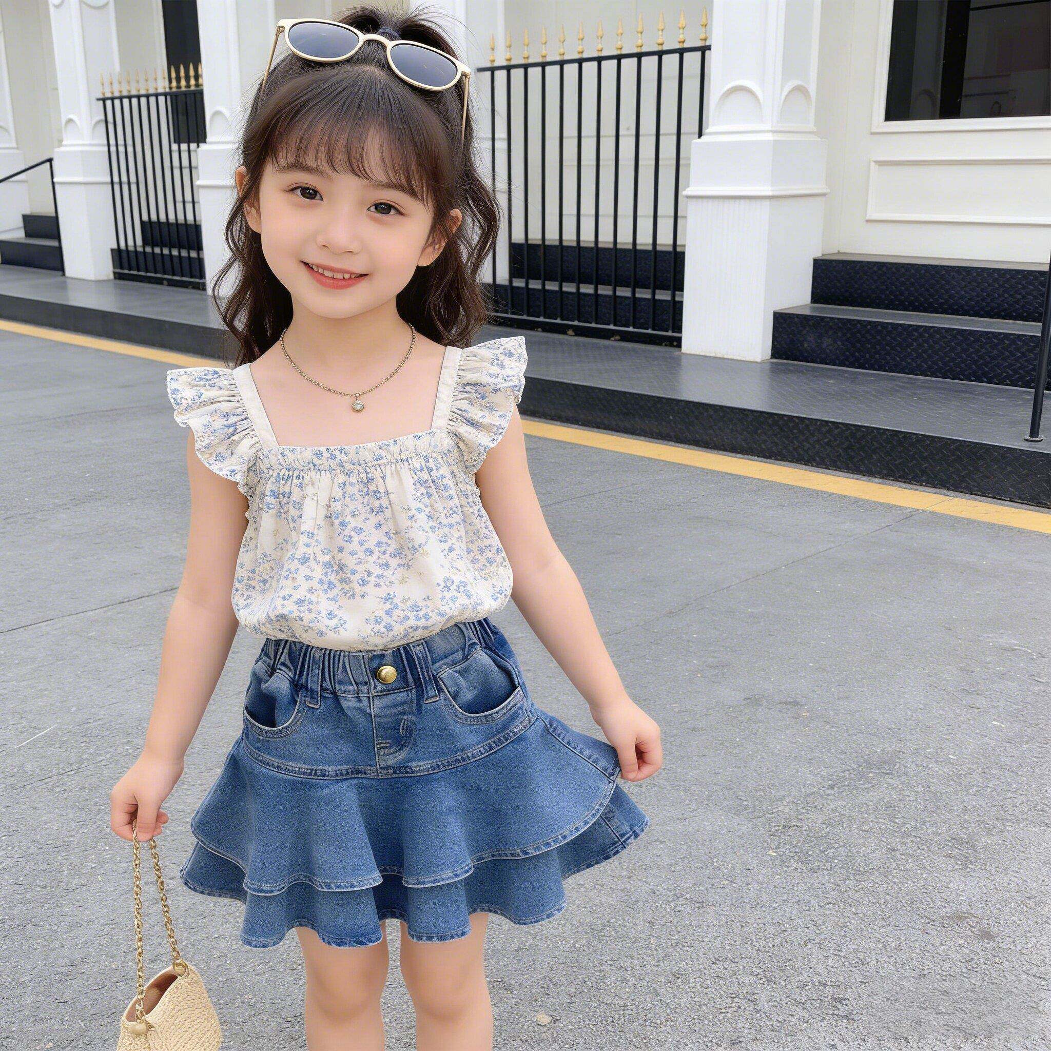 女童牛仔身裙夏半季新款蛋糕裙夏装洋派中小孩童女孩防走光短裙裤