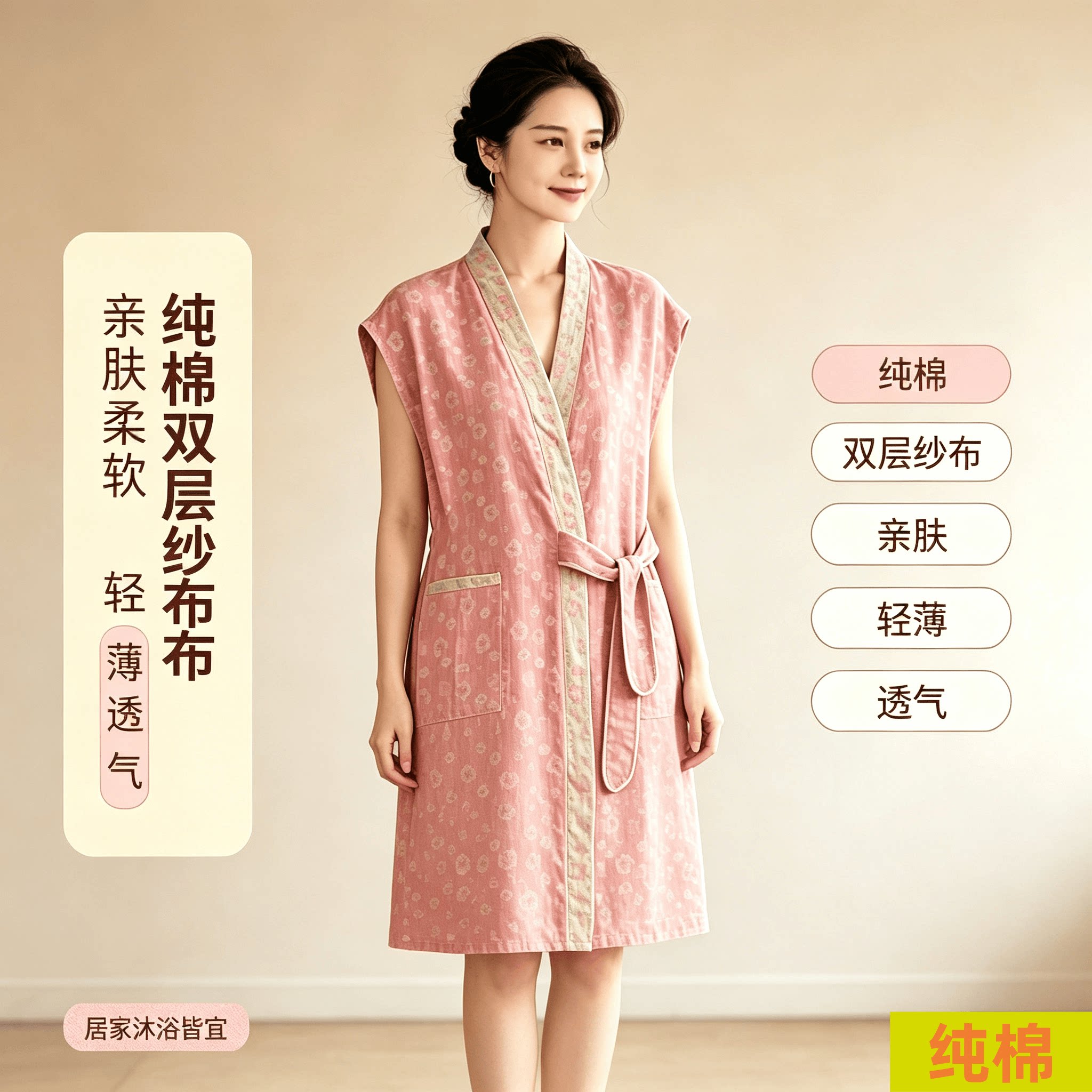 纯棉双层纱布薄款国风睡袍浴裙