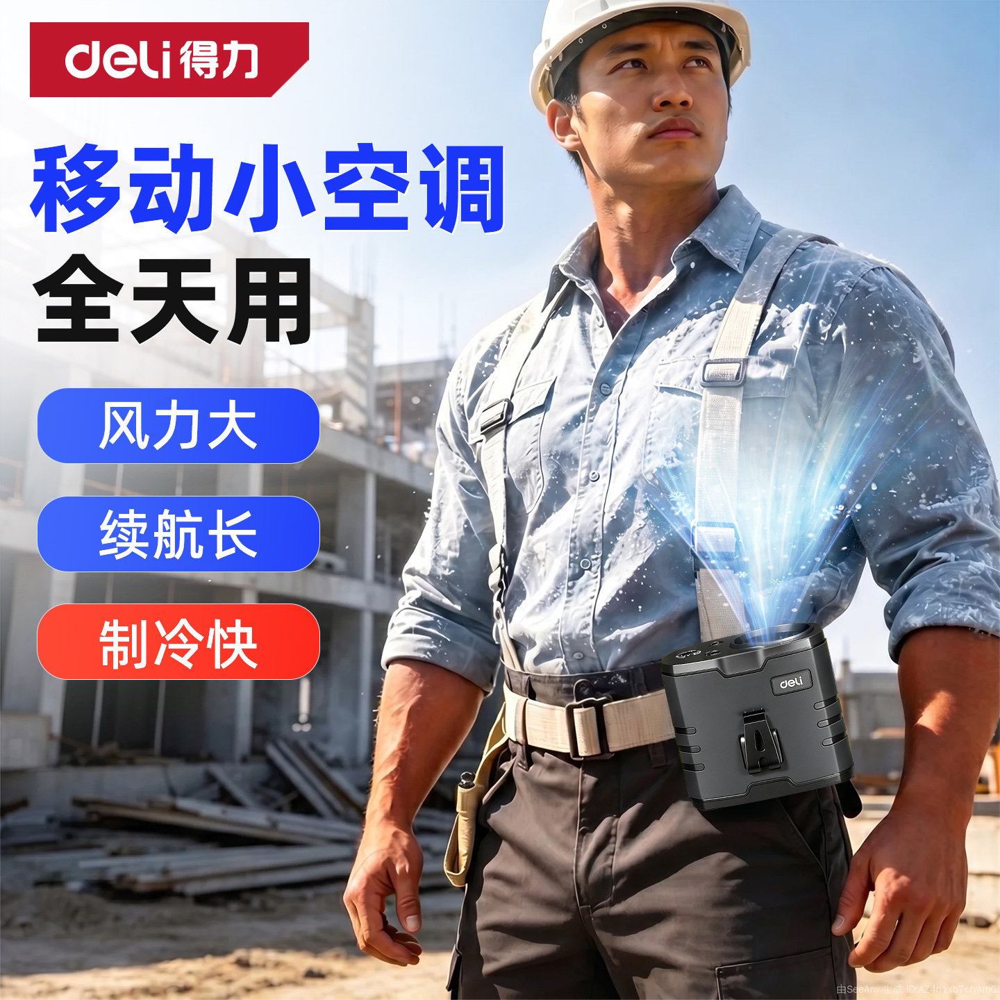 得力挂腰风扇2026新款夏天工地随身便携暴力风扇大风力移动小空调户外超长续航充电挂脖风扇厨房夹腰降温神器