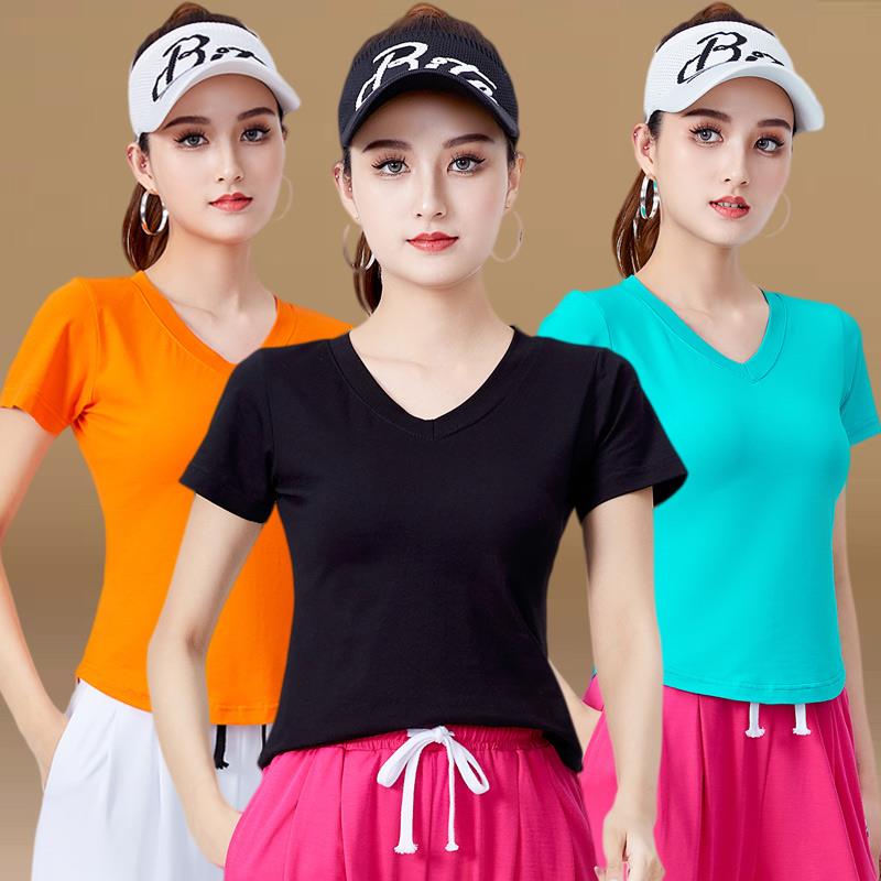 夏季广场舞衣服新款短袖修身时尚V领健身舞蹈服上衣单件纯棉女