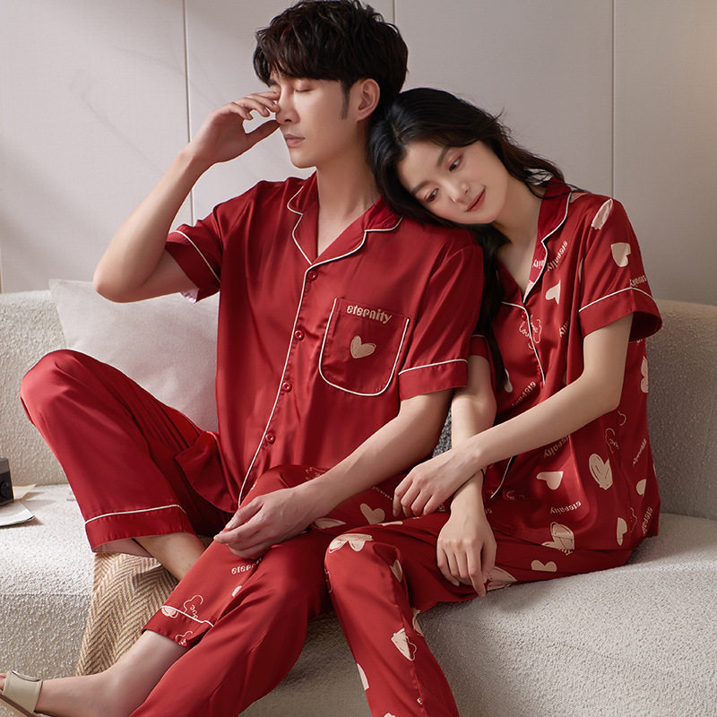 凉感丝情侣睡衣冰丝夏短袖长裤男女套装红色结婚本命年家居服