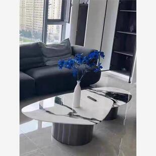 意式极简超晶石大理石异形茶几轻奢客厅大小组合熊猫白岩板茶桌