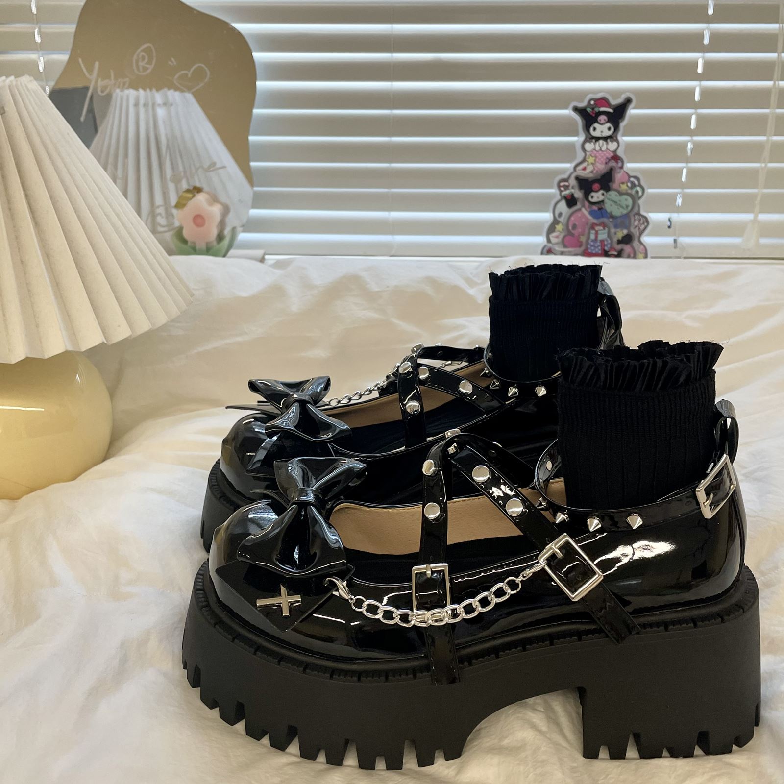 甜酷辣妹厚底lolita小皮鞋女蝴蝶结粗跟厚底增高百搭jk玛丽珍单鞋