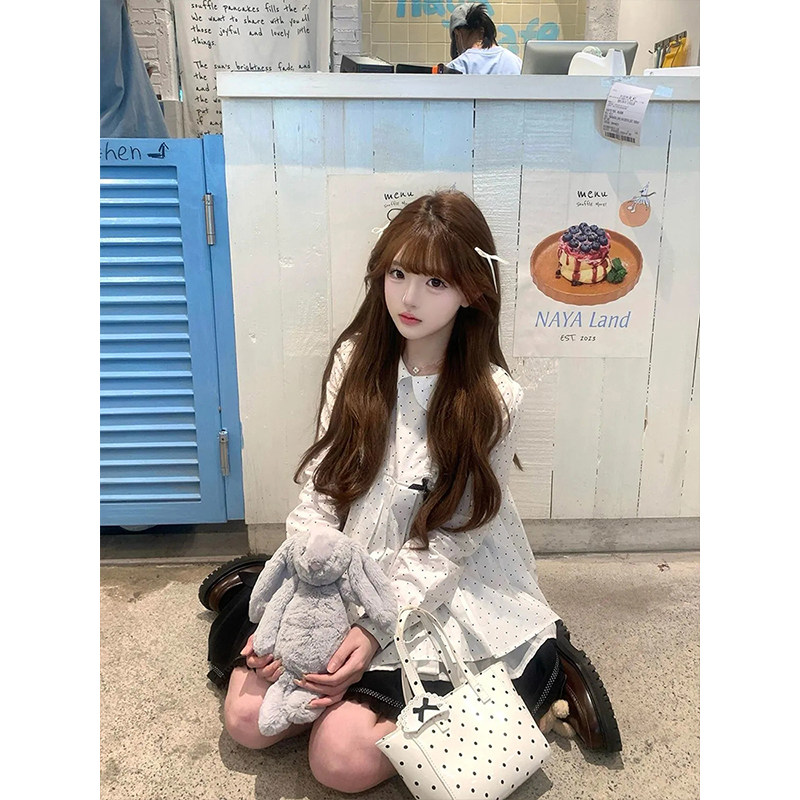 韩系少女感宽松波点娃娃领衬衫上衣+黑色高腰半身裙两件套女秋季