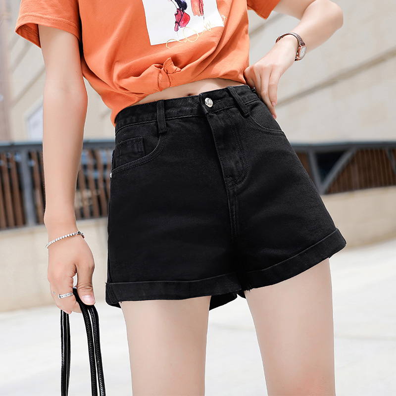 牛仔短裤女夏季新款黑色高腰宽松弹力显瘦a字百搭卷边网红热裤潮