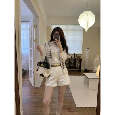 老钱风条纹衬衫短裤套装女夏防晒