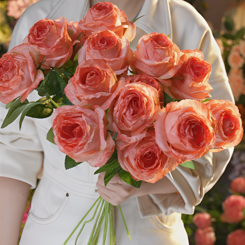 橘粉色焦边大单头玫瑰 深粉色 氛围感餐桌卧室床头柜烤边仿真花