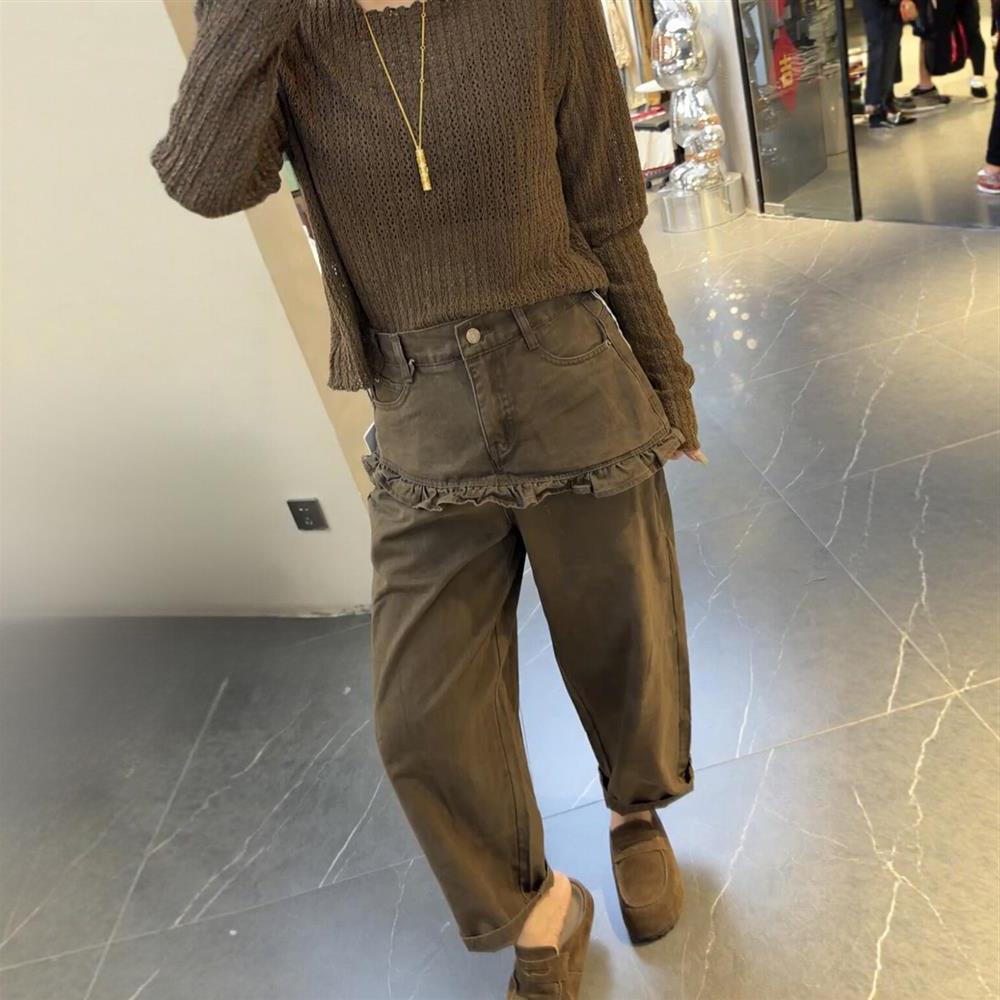 大码阔腿牛仔裤女秋季2026新款美式复古裙裤胖mm显瘦屁帘直筒裤子图片