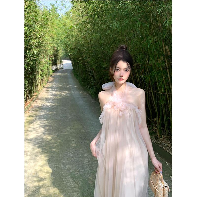 海岛度假连衣裙粉色晨袍女新娘气质露背仙气网纱绝美仙女挂脖裙子