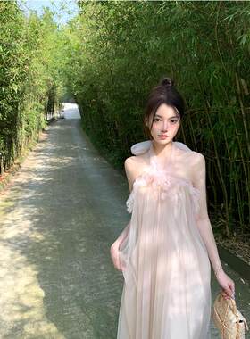 海岛度假连衣裙粉色晨袍女新娘气质露背仙气网纱绝美仙女挂脖裙子