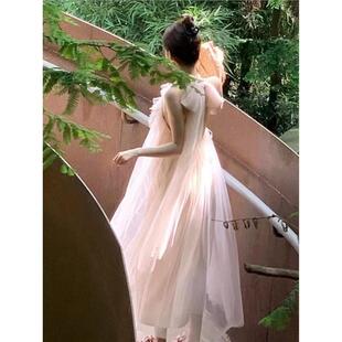 高级感网纱森系超仙挂脖式连衣裙女新娘晨袍粉色出门纱订婚礼服
