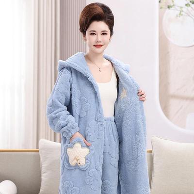 连帽中长款睡袍珊瑚绒睡衣女士冬