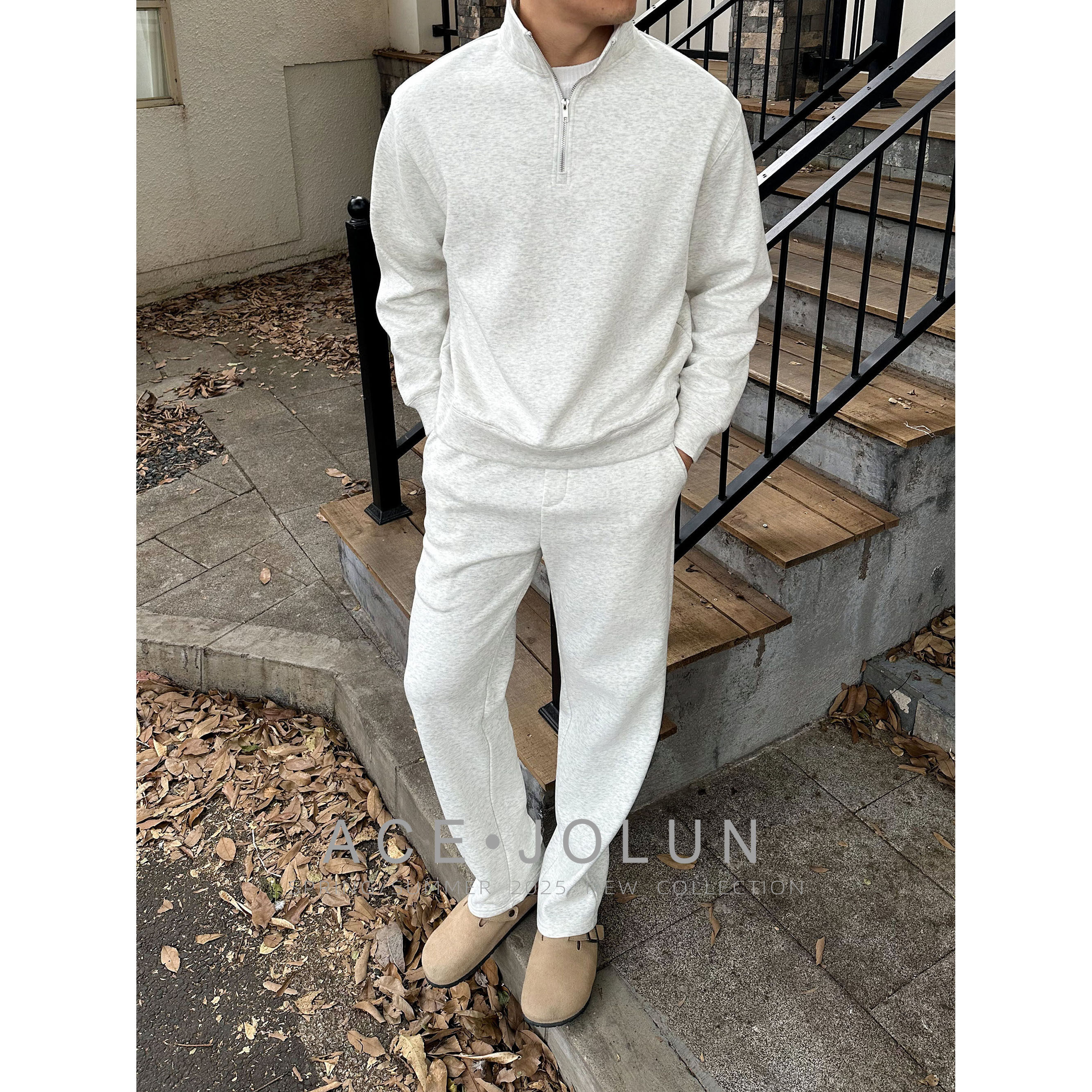 灰色半高领拉链卫衣卫裤秋冬冬季加绒加厚男士运动休闲套装一整套