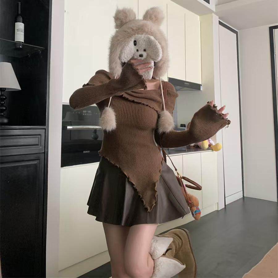 秋冬季均码针织棉毛衫上衣方领玫瑰花不规则设计感修身长袖上衣女